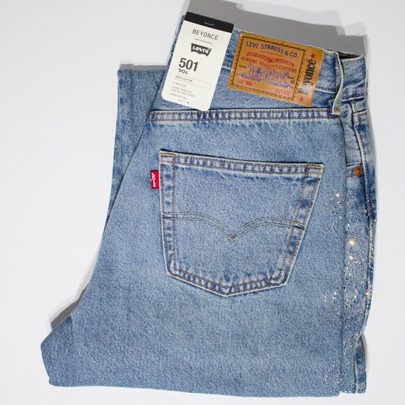NWT $150 Levi's x Beyonce 501 '90s Light Wash Jeans Rhinestones Women Size 29x30 - Picture 7 of 16